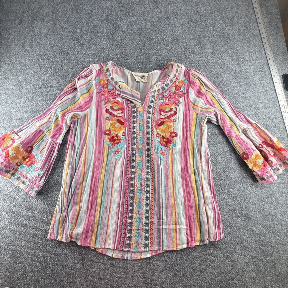Savanna Jane Floral Embroidered Striped Boho Blouse Pink Yellow Large 0675